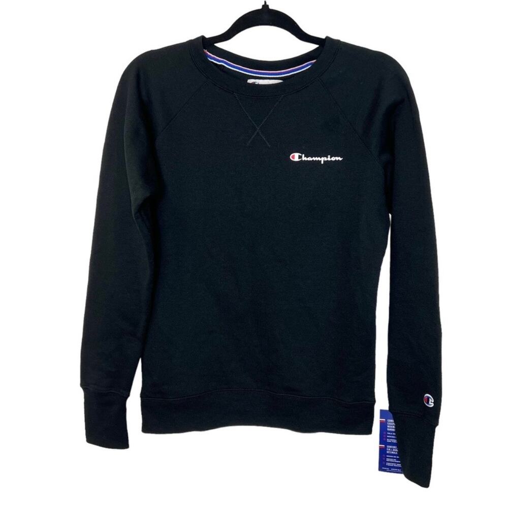Champion Womens XS Black Powerblend Crewneck Classic Logo Fleece Sweatshirt